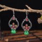 Retro Silver Round Basket Flower With Green Chalcedony Ball Hook Earrings