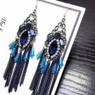 Silver 925 Hook Blue Flamboyant Retro Crystal Cluster Long Tassel Earrings Silver 925 Hook Blue Flamboyant Retro Crystal Cluster Long Tassel Earrings