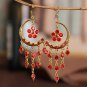 Retro Long Red Moon Crystal With Tassel & Flower Chandelier Hook Earrings