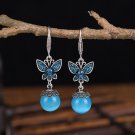 Retro Silver Butterfly Flying Over Blue Chalcedony Ball Hook Earrings Retro Silver Butterfly Flying Over Blue Chalcedony Ball Hook Earrings