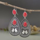 Ethnic Style Red Turquoise Stone Dangle Hook Silver Earrings