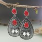 Ethnic Style Red Turquoise Stone Dangle Hook Silver Earrings