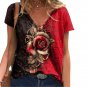 18-20 / Plus size Modern V-Neck Red Rose T-Shirt Short Sleeve Loose Top Blouse