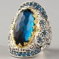 ANTIQUE SILVER Retro Handmade Two Tone Silver Lab-Created Swiss Blue Topaz Ring