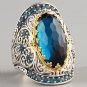 ANTIQUE SILVER Retro Handmade Two Tone Silver Lab-Created Swiss Blue Topaz Ring