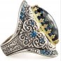 ANTIQUE SILVER Retro Handmade Two Tone Silver Lab-Created Swiss Blue Topaz Ring