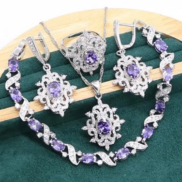 Awesome 4 pc 925 Silver Created Tanzanite Jewelry Set - 8, 9 ring size