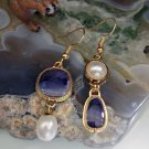Beautiful Handmade Asymmetrical Blue/Green Agate & Pearl Gold Tone Earrings