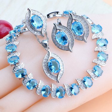 Awesome 4 pc 925 Silver Created Blue Topaz Jewelry Set - 8, 9 ring size