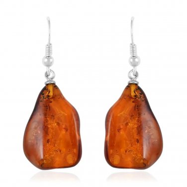 Natural Baltic Cognac Amber Wave Design Hook Earrings in 925 Sterling Silver
