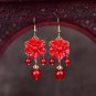 Exquisite Natural Red Jade Flower 18k Gold Plated Hook Earrings