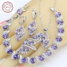 4 pc 925 Silver Purple Amethyst Necklace/Pendant Jewelry Set - 9 ring size