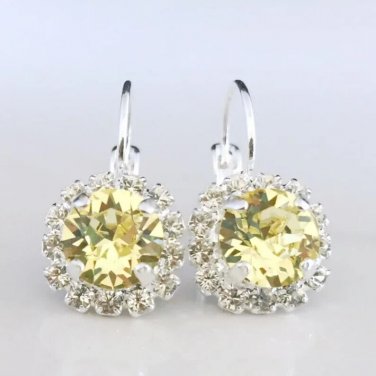 Silver Tone Leverback Round Yellowish Clear Crystal Earrings