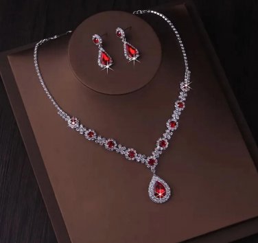 Chic Silver Plated Necklace & Earrings Red Rhinestone Crystal Sets