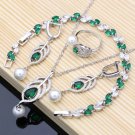 Stunning 4 pc 925 Sterling Silver Created Emerald & Pearl Jewelry Set