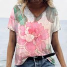 18-20 /Plus size Modern V-Neck 3D Pink Peony T-Shirt Short Sleeve Loose Blouse 18-20 /Plus size Modern V-Neck 3D Pink Peony T-Shirt Short Sleeve Loose Blouse