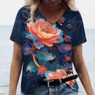 18-20 /Plus size Modern V-Neck 3D Dark Peonies T-Shirt Short Sleeve Loose Blouse 18-20 /Plus size Modern V-Neck 3D Dark Peonies T-Shirt Short Sleeve Loose Blouse