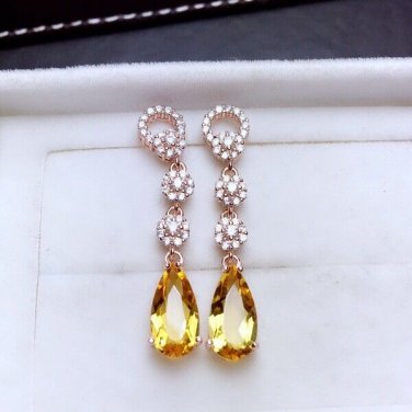 Gorgeous Platinum Plated Created Yellow Citrine & CZ Long Dangle Earrings
