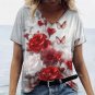 18-20 / Plus size Modern V-Neck 3D Red Rose T-Shirt Short Sleeve Loose Blouse