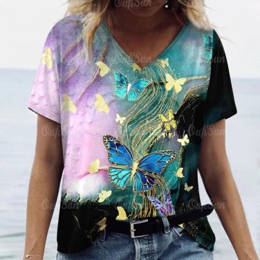 18-20 / Plus size Modern V-Neck 3D Butterflies T-Shirt Short Sleeve Loose Blouse