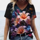 18-20 /Plus size Modern V-Neck 3D Dark Lilies T-Shirt Short Sleeve Loose Blouse 18-20 /Plus size Modern V-Neck 3D Dark Lilies T-Shirt Short Sleeve Loose Blouse