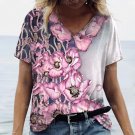 18-20 /Plus size Modern V-Neck 3D Tulips T-Shirt Short Sleeve Loose Blouse