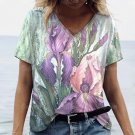 18-20 /Plus size Modern V-Neck 3D Irises T-Shirt Short Sleeve Loose Blouse