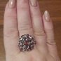 Spectacular Flower Shape Created Garnet Rhodium Plated Ring in size 7 8 9 10