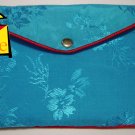 Blue Color Chinese Silk Jewelry Pouch Purse with Zipper & 2-Pocket inside