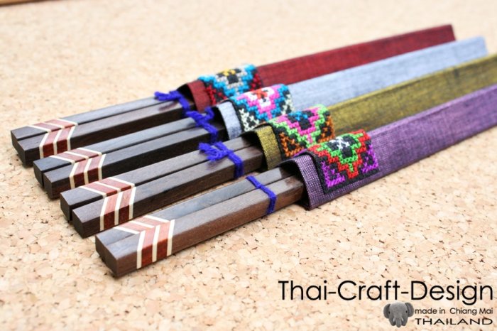 Wood Thai Chopsticks 4 Sets in Thai Silk Gift