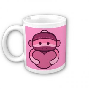 Heart Pink Sock Monkey Face Coffee Mug Cup
