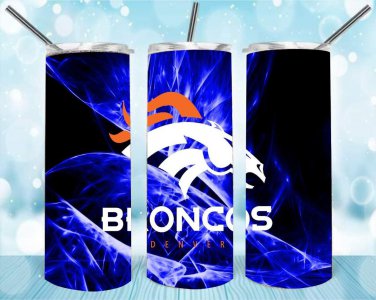Denver Broncos Design Skinny Drink Tumbler Football - 20oz - Drinkware - lid & a white plastic straw