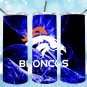 Denver Broncos Design Skinny Drink Tumbler Football - 20oz - Drinkware - lid & a white plastic straw