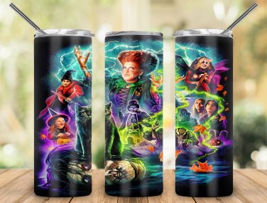 Halloween Witches Hocus Pocus Design Skinny Drink Tumbler 20oz  lid & a white plastic straw