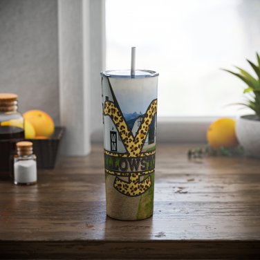 Yellowstone Dutton Ranch Design Skinny Drink Tumbler 20oz lid & a white plastic straw