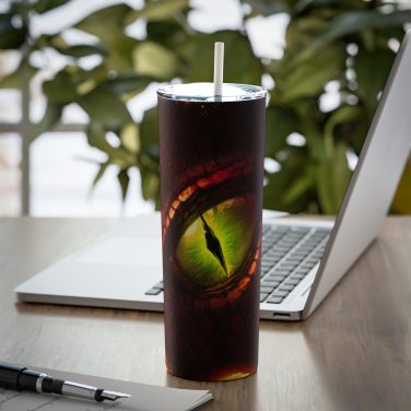 Dragon Eye Fire Flames Design Skinny Drink Tumbler 20oz lid & a white plastic straw