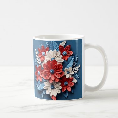 3D Design Flowers Red White and Blue Design Coffee Cocoa Tea Mug Cup