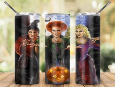 Halloween Witches Hocus Pocus Design Skinny Drink Tumbler 20oz  lid & a white plastic straw