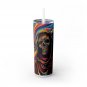 Grim Reaper Design Skinny Drink Tumbler 20oz  lid & a white plastic straw