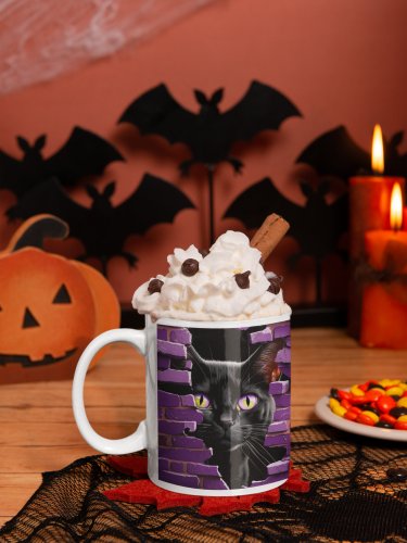 3D Halloween Black Cat, Breaking Out of Wall Design Coffee Cocoa Tea Mug Cup