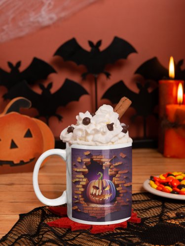 3D Halloween Jack O Lantern, Breaking Out of Wall Design Coffee Cocoa Tea Mug Cup
