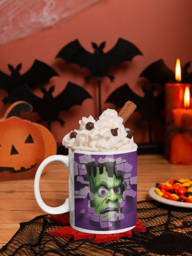 3D Halloween Frankenstein, Breaking Out of Wall Design Coffee Cocoa Tea Mug Cup
