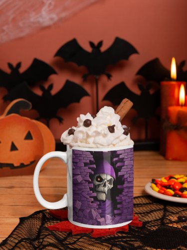 3D Halloween Skeleton Skull, Breaking Out of Wall Design Coffee Cocoa Tea Mug Cup