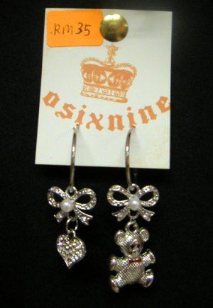 Teddybear & Heart w Ribbons Silver Earrings