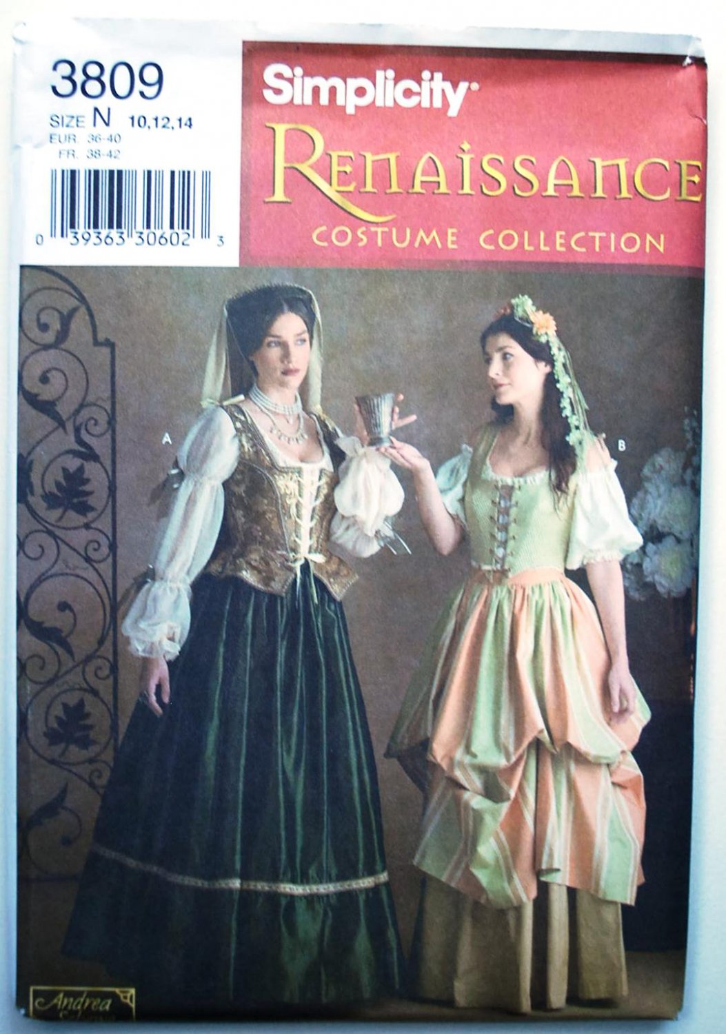 Simplicity 3809 Renaissance costume pattern sizes 10-14