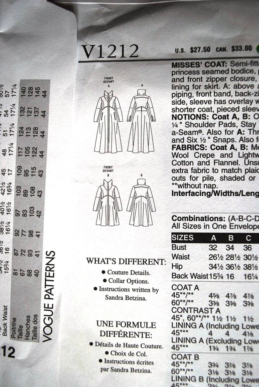 Vogue V1212 1212 Coat Pattern From Today's Fit By Sandra Betzina, All ...