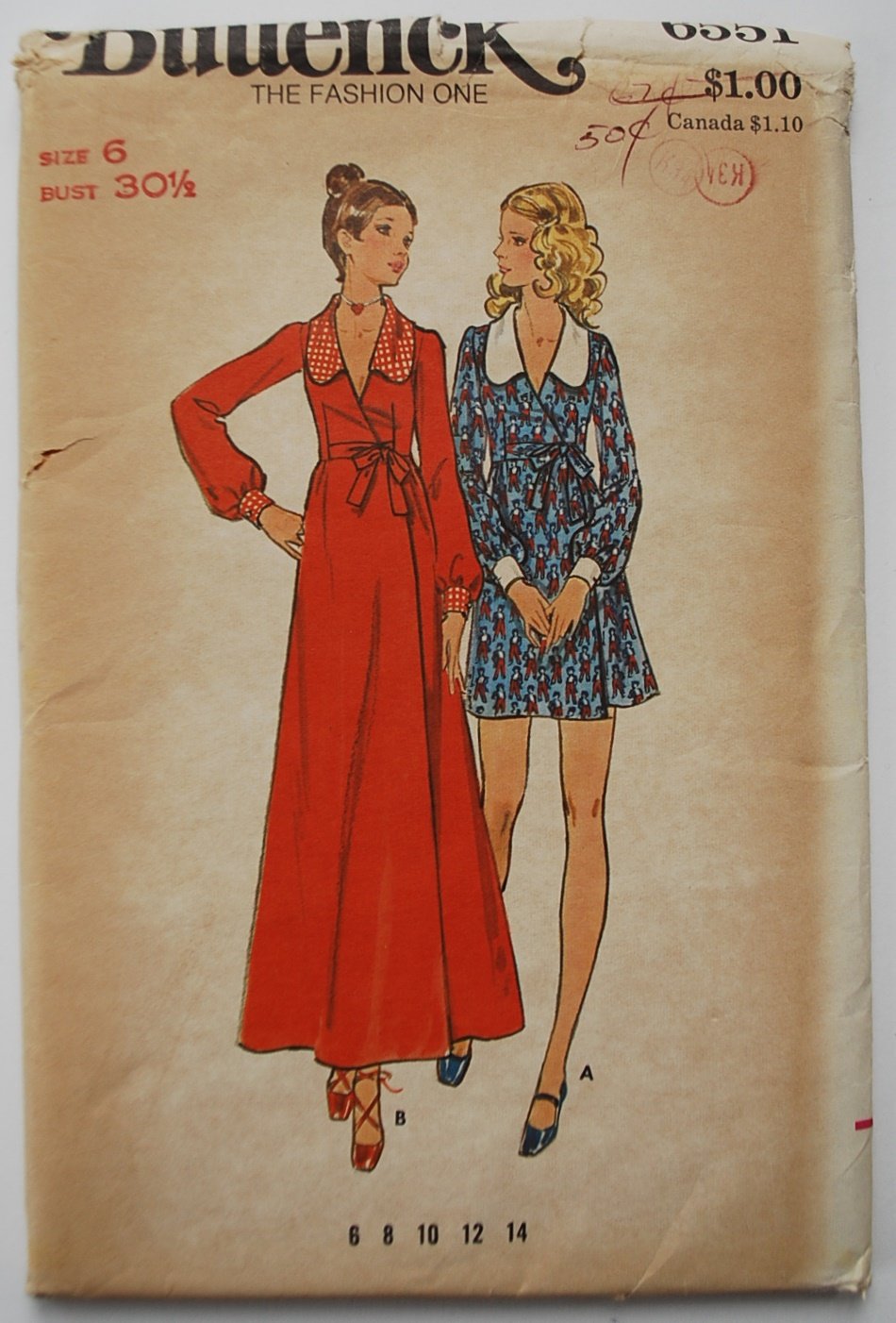 Vintage Early 1970s Butterick Pattern 6551 Big Lapels Maxi Dress Bust 305 