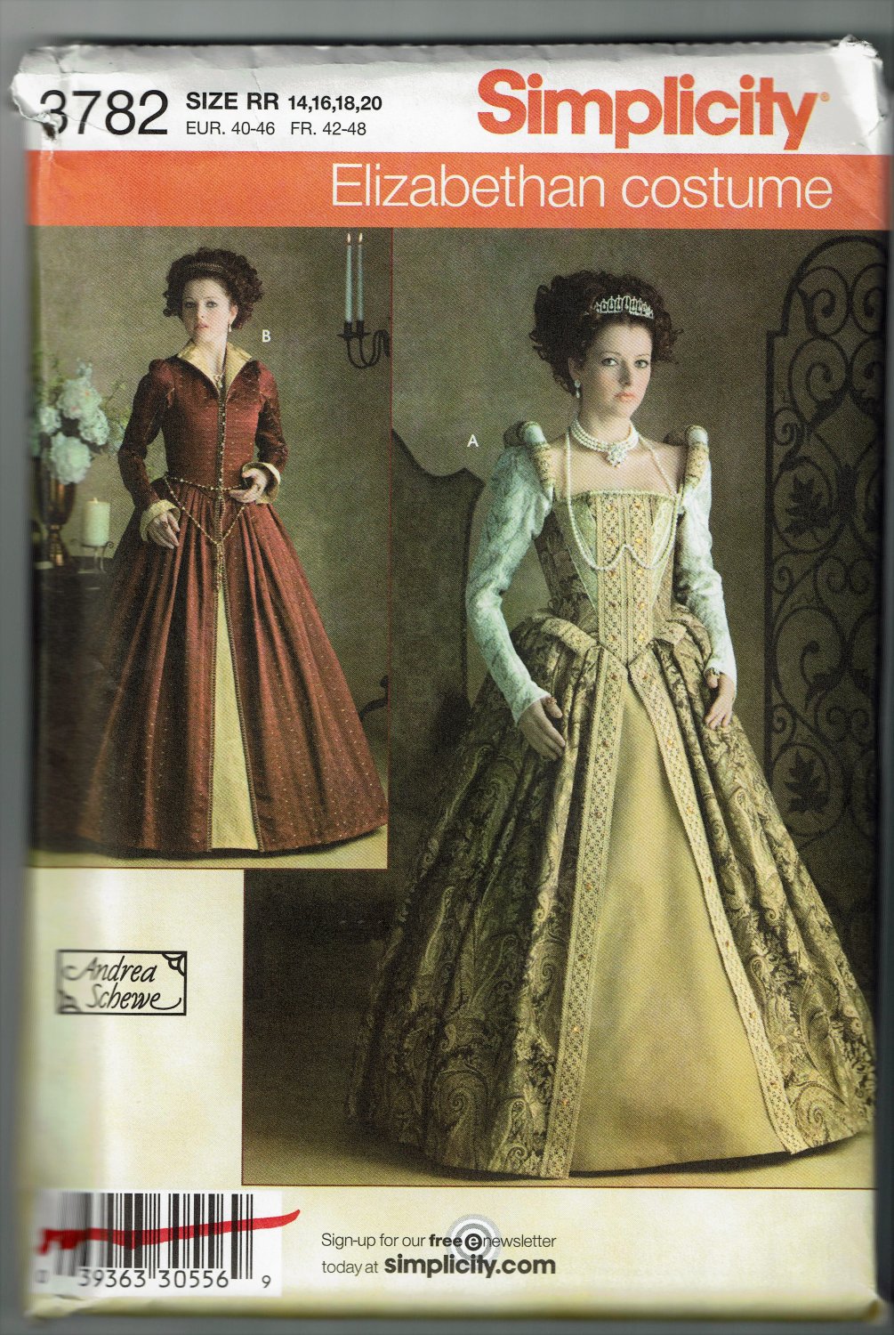 Simplicity 3782 Elizabethan gown costume pattern sizes 14 16 18 20