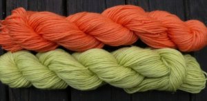 Wool sock yarn sport weight, tangerine & lime
