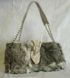 0618HB-RF8167  Genuine Rabbit Fur Handbag with Chain Strap & Rhinestone Front Accent
